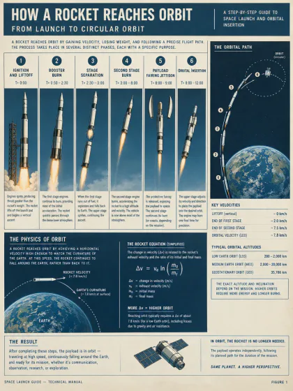 Um infográfico técnico retrô com o título How a rocket reaches orbit, com os estágios e uma trajetória