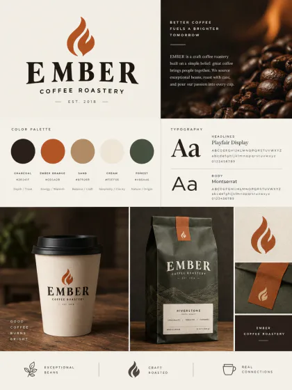 Uma folha de marca de uma torrefação de café chamada EMBER com logo, cores, tipografia, um copo e um pacote