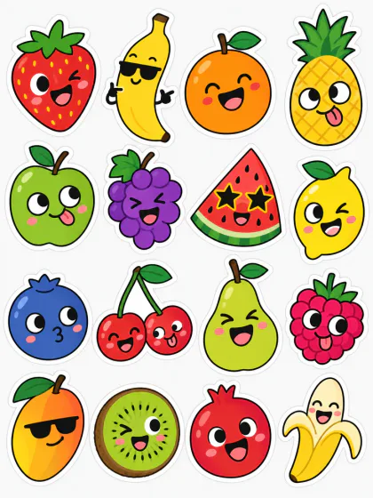 Uma cartela de adesivos de personagens de frutas fofos com caras engraçadas