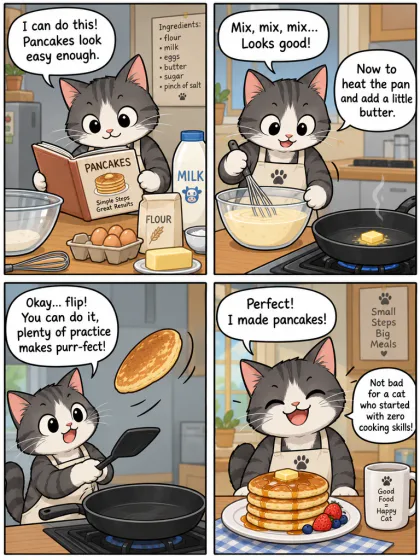 Uma tirinha de quatro quadros de um gato fazendo panquecas, com balões de fala