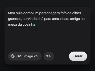 Um prompt sobre um bule como um personagem fofo servindo chá, com o GPT Image 2.5 escolhido