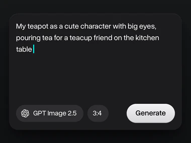A prompt about a teapot as a cute character pouring tea, GPT Image 2.5 picked