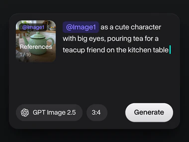 A photo of a mint green teapot in the References tile, tagged @Image1 in the prompt