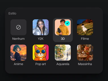 O menu Estilo com 3D escolhido entre Y2K, Filme, Anime, Pop art, Aquarela e Massinha