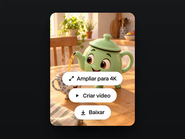 O resultado, um bule-personagem em 3D servindo chá para uma xícara amiga, com Ampliar para 4K, Criar vídeo e Baixar