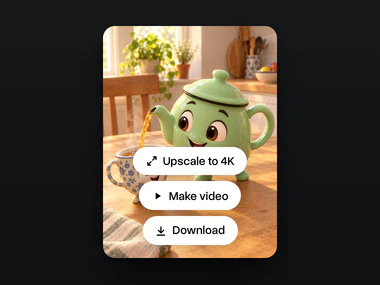 The result, a 3D teapot character pouring tea for a teacup friend, with Upscale to 4K, Make video and Download