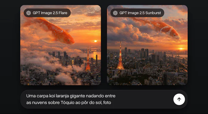 Uma carpa koi laranja gigante nadando entre as nuvens sobre Tóquio ao pôr do sol, feita com o mesmo prompt no GPT Image 2.5 Flare e no GPT Image 2.5 Sunburst, lado a lado