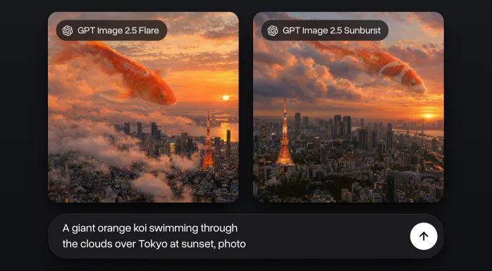 A giant orange koi swimming through clouds over Tokyo at sunset, made from the same prompt with GPT Image 2.5 Flare and GPT Image 2.5 Sunburst, side by side