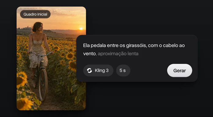 Uma imagem do GPT Image 2.5 de uma mulher de bicicleta em um campo de girassóis como quadro inicial de um vídeo, com o prompt, Kling 3, 5 segundos e Gerar