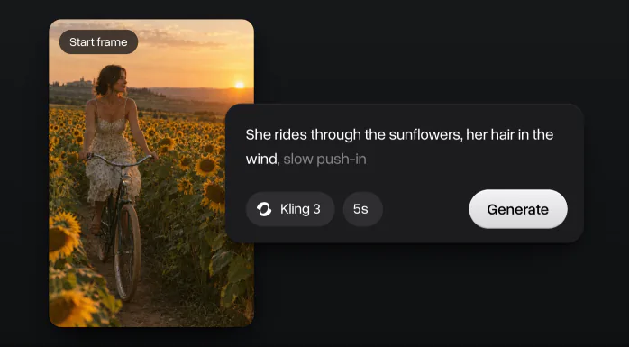 A GPT Image 2.5 picture of a woman on a bicycle in a sunflower field as the start frame of a video, with the prompt, Kling 3, 5 seconds and Generate