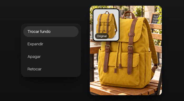 As ferramentas de foto com Trocar fundo escolhido, uma mochila amarela levada de um fundo cinza para uma cadeira de café, com o original no canto