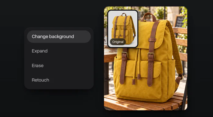 The photo tools with Change background picked, a yellow backpack moved from a grey background to a cafe chair, the original in the corner