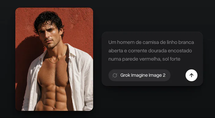 Um homem de camisa branca aberta e corrente dourada encostado numa parede vermelha sob sol forte, ao lado do prompt