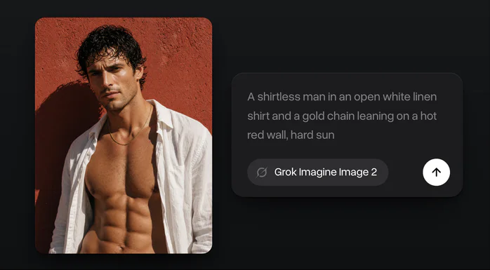 A man in an open white shirt and a gold chain leaning on a red wall in hard sun, next to its prompt