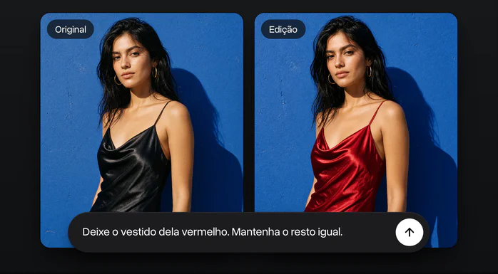 Uma mulher de vestido de cetim preto diante de uma parede azul e a mesma foto com o vestido vermelho, com o pedido embaixo