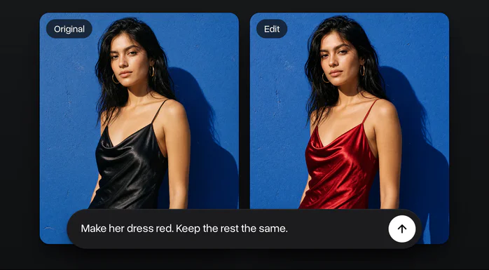 A woman in a black satin dress against a blue wall and the same photo with the dress made red, the request under them