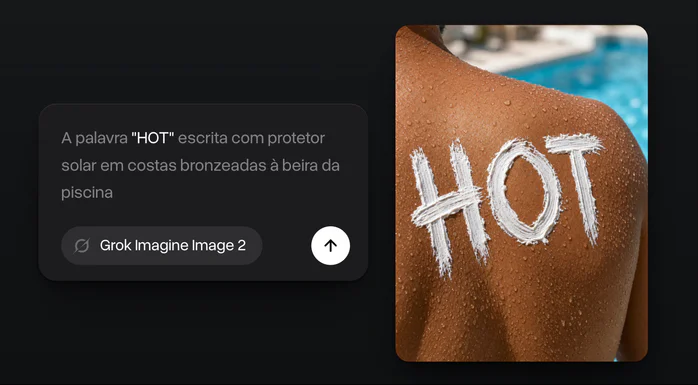 A palavra HOT escrita com protetor solar nas costas bronzeadas de um homem à beira da piscina, ao lado do prompt que pediu isso