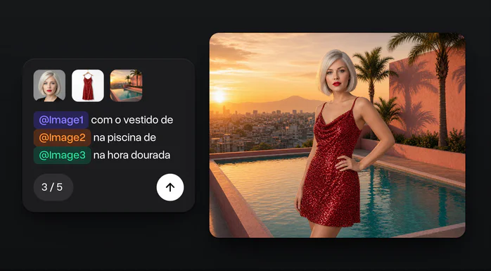 Três fotos, uma mulher de cabelo platinado curto, um vestido vermelho de paetês e uma piscina rosa na cobertura, e a foto feita com elas