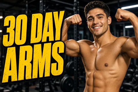 A fitness channel thumbnail with a smiling man flexing his arms in a gym and the title 30 DAY ARMS