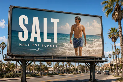 A billboard for a swimwear brand called SALT with the line MADE FOR SUMMER on a boulevard with palm trees