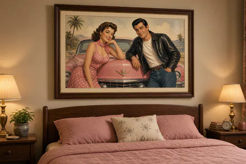 A framed pin-up portrait of a couple in 1950s outfits by a pink Cadillac above a bed