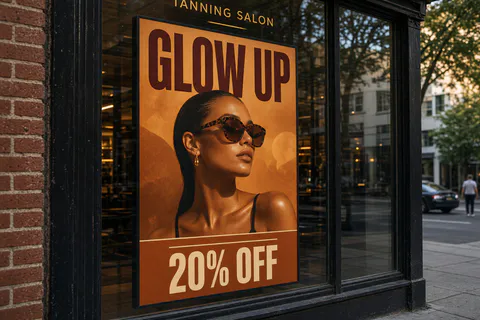 A tanning salon window with a GLOW UP 20% OFF poster