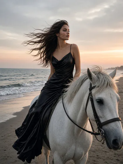 A model in a black satin gown riding a white horse along a beach at dawn