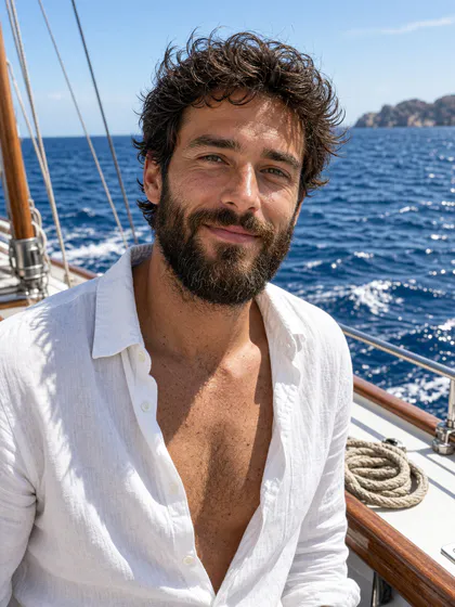 A bearded man in an open white shirt on a sailboat deck with the blue sea behind