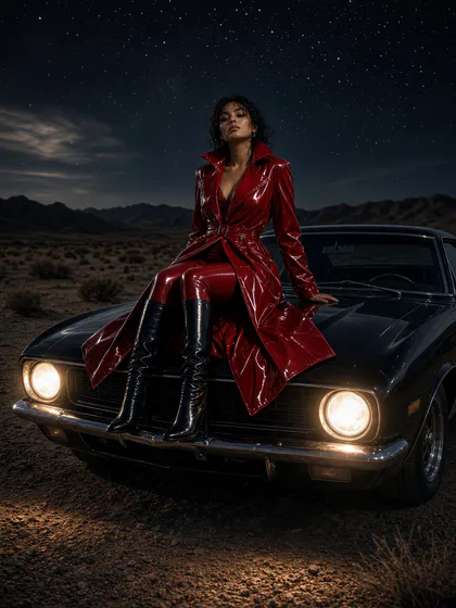 A singer in a red latex coat on the hood of a black muscle car in the desert at night