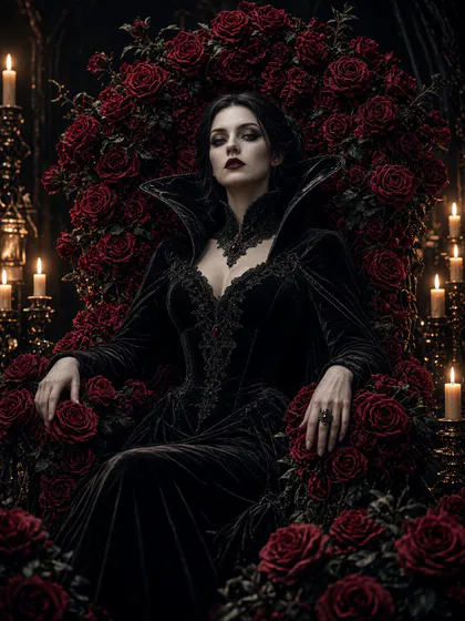 A vampire queen in a black velvet gown on a throne of red roses by candlelight