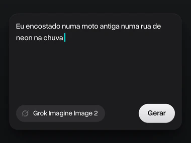 Um prompt sobre mim encostado numa moto antiga numa rua de neon na chuva, com o Grok Imagine Image 2 escolhido