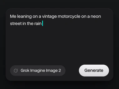 A prompt about me leaning on a vintage motorcycle on a neon street in the rain, Grok Imagine Image 2 picked