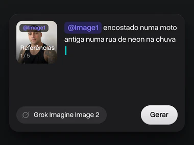 A selfie de um homem de cabelo raspado e tatuagens no bloco de Referências, marcada como @Image1 no prompt