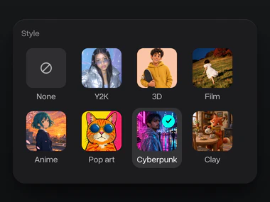 The style menu with Cyberpunk picked among Y2K, 3D, Film, Anime, Pop art and Clay