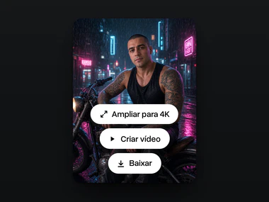 O resultado, o homem encostado numa moto numa rua de neon na chuva, com Ampliar para 4K, Criar vídeo e Baixar