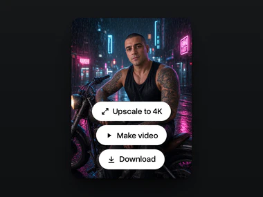 The result, the man leaning on a motorcycle on a neon street in the rain, with Upscale to 4K, Make video and Download