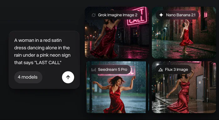One prompt about a woman in a red dress dancing in the rain under a LAST CALL sign run on Grok Imagine Image 2, Nano Banana 2.1, Seedream 5 Pro and Flux 3 Image, the four results side by side