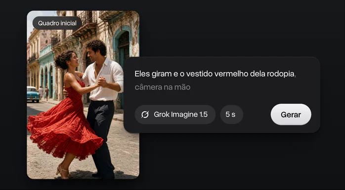 Uma imagem do Grok Imagine Image 2 de um casal dançando salsa em Havana como quadro inicial de um vídeo, com o prompt, Grok Imagine 1.5, 5 segundos e Gerar