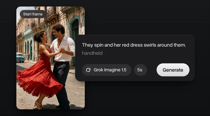 A Grok Imagine Image 2 picture of a couple dancing salsa in Havana as the start frame of a video, with the prompt, Grok Imagine 1.5, 5 seconds and Generate