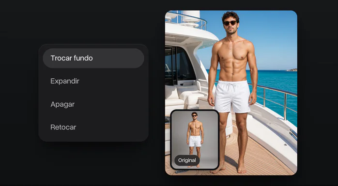 As ferramentas de foto com Trocar fundo escolhido, um homem de bermuda branca levado de um estúdio cinza para o deck de um iate, com a original no canto