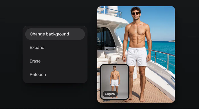 The photo tools with Change background picked, a man in white swim shorts moved from a grey studio to the deck of a yacht, the original in the corner