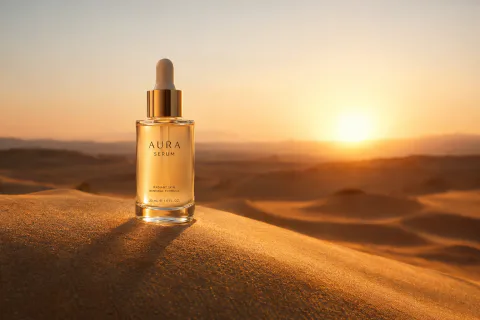 Um frasco dourado de skincare com o rótulo AURA SERUM em uma duna de areia ao nascer do sol
