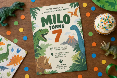 Um convite de aniversário com dinossauros que diz MILO TURNS 7, em uma mesa com confete