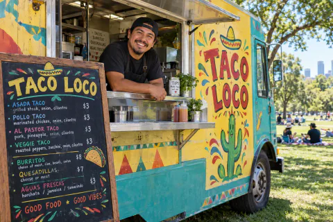 Um food truck chamado TACO LOCO com um cardápio pintado à mão e o dono na janela