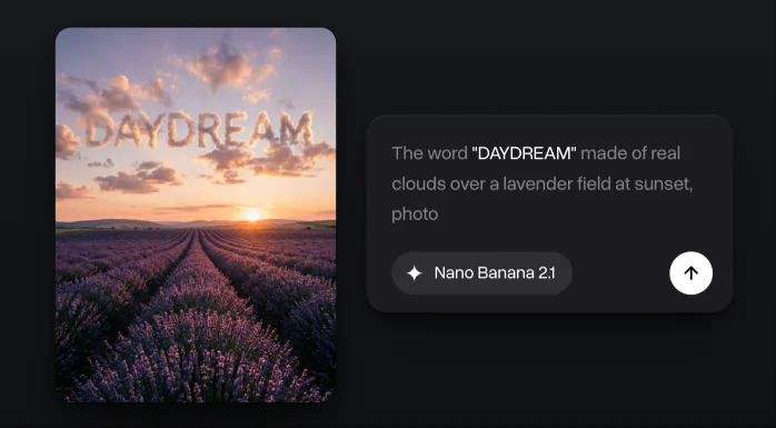 The word DAYDREAM made of clouds over a lavender field at sunset, next to the prompt that asked for it