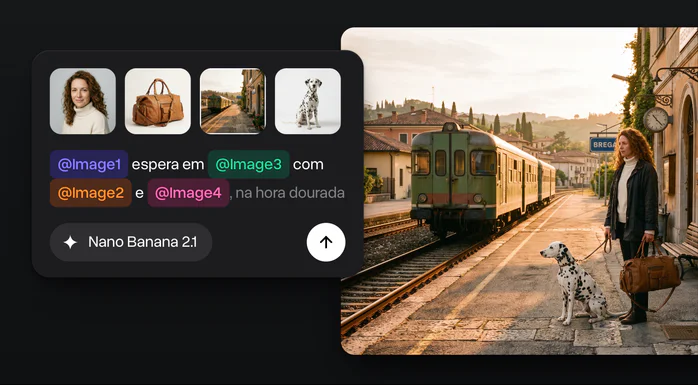 Quatro fotos de referência, uma mulher, uma bolsa de couro, uma plataforma de trem e um dálmata, e a imagem que junta todas elas