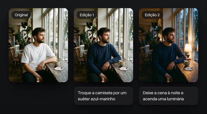 Um homem em um café editado duas vezes: um suéter azul-marinho no lugar da camiseta branca, depois a cena à noite com uma luminária acesa