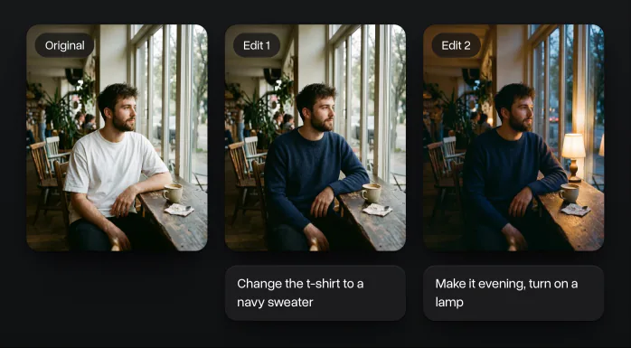 A man in a café edited twice: a navy sweater instead of a white t-shirt, then evening light with a lamp