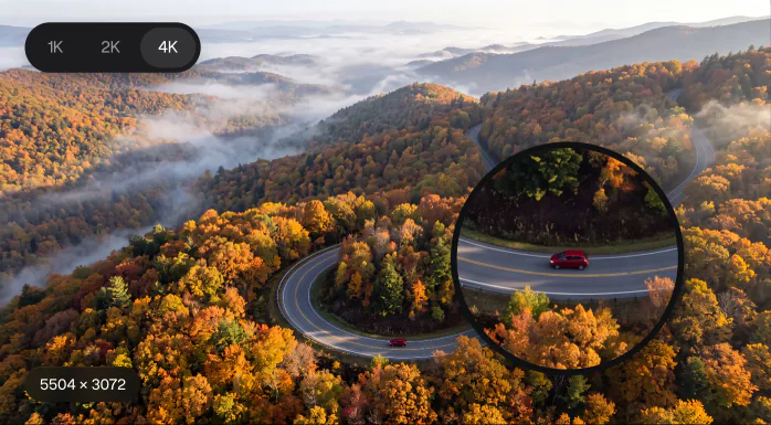 A 4K aerial photo of a mountain road with the 1K, 2K and 4K picker and a loupe on a small red car