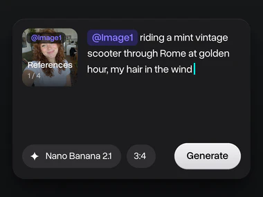 A photo of a woman with curly red hair in the References tile, tagged @Image1 in the prompt